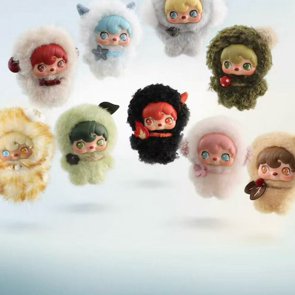 POUKAPOUKA Spirit of the Universe Series Plush Pendant Blind Box - Series overview with complete central plush pendant examples and outer examples cropped; random design not guaranteed