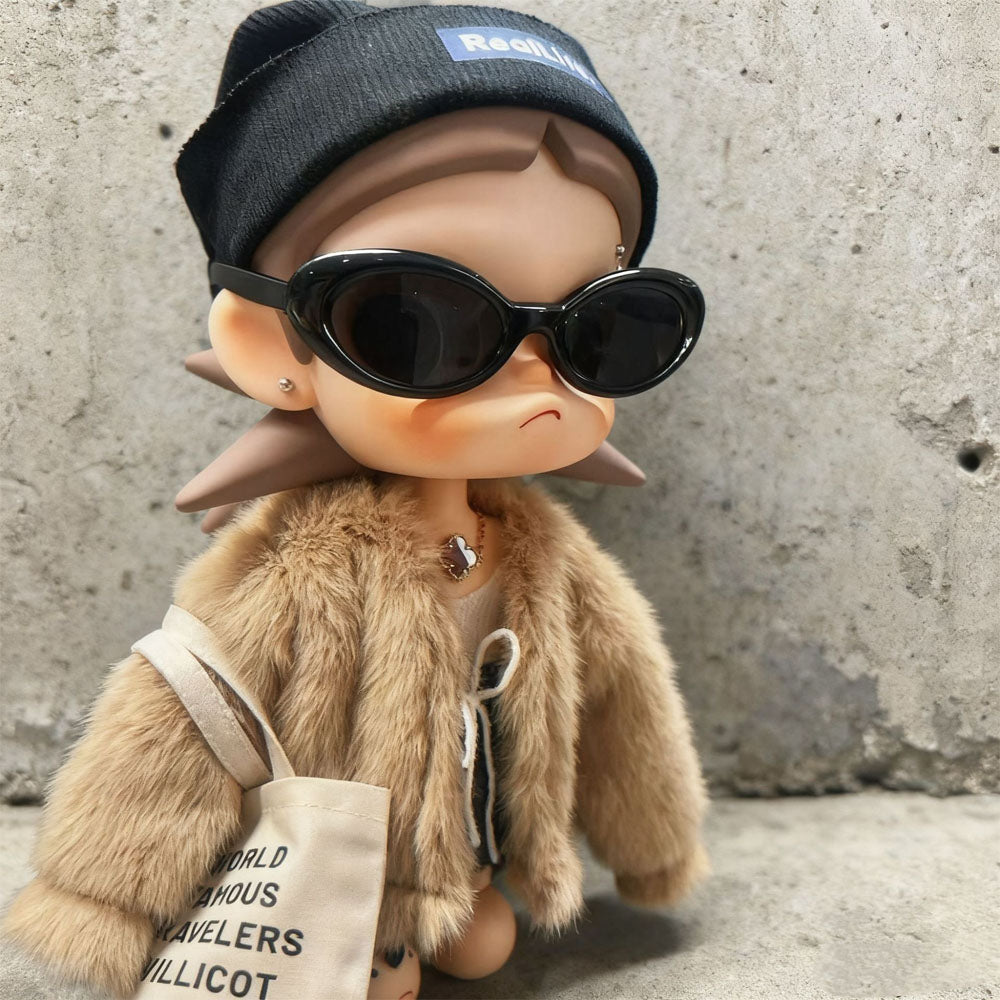 Premium Plush Faux Fur Statement Coat For Zsiga — 20cm - Brown doll outfit front view | KikiBuddies