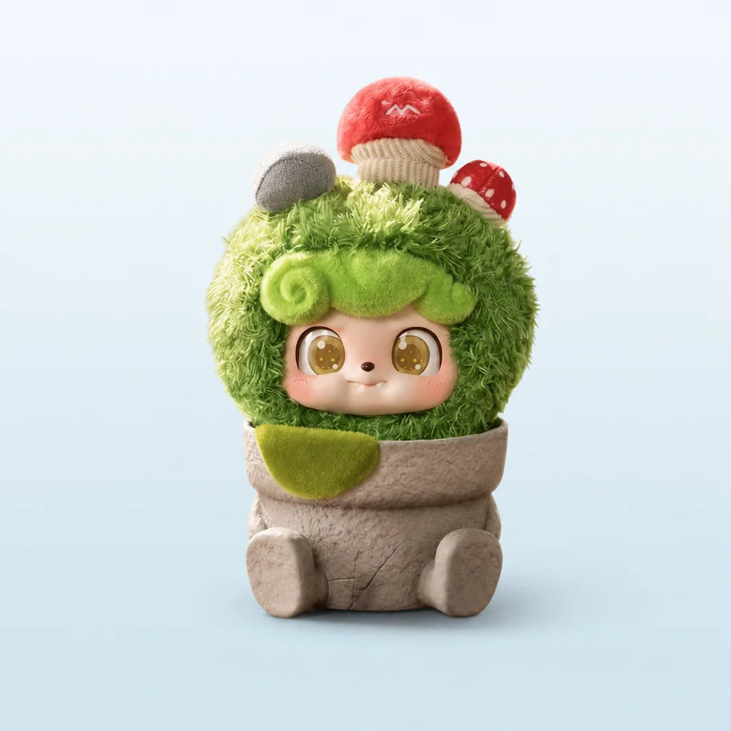 Happy Garden Moss plush pendant design example; one random blind box, not a confirmed Moss character