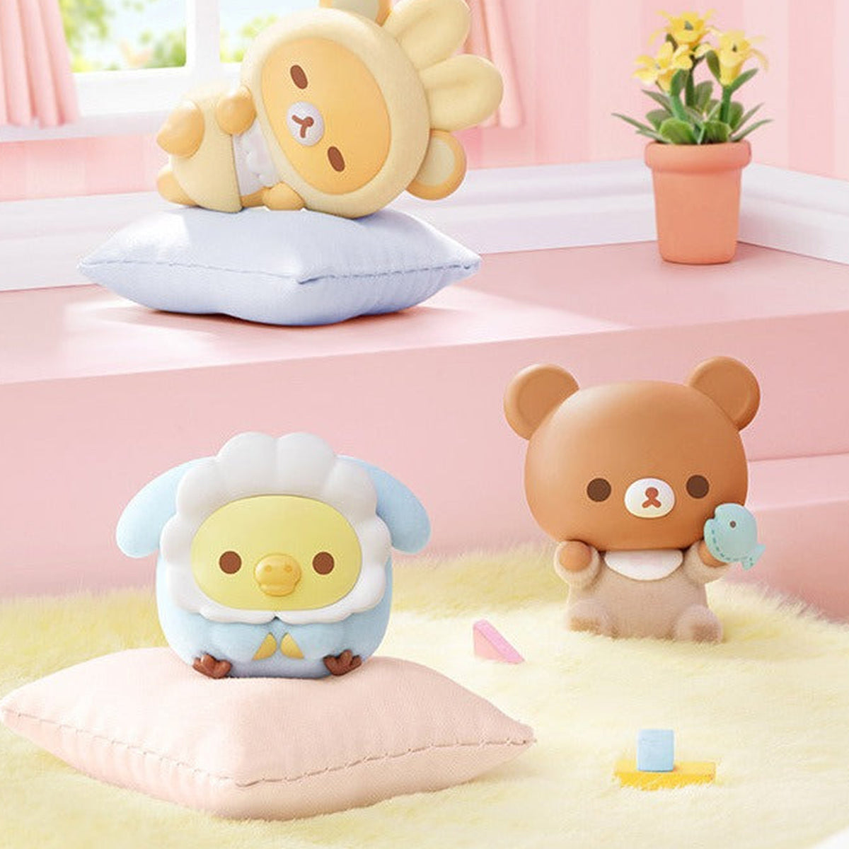 Rilakkuma Minna de Usausababy Series Figure Blind Box - Complete central figure examples with upper styling pillow partly cropped; random design not guaranteed