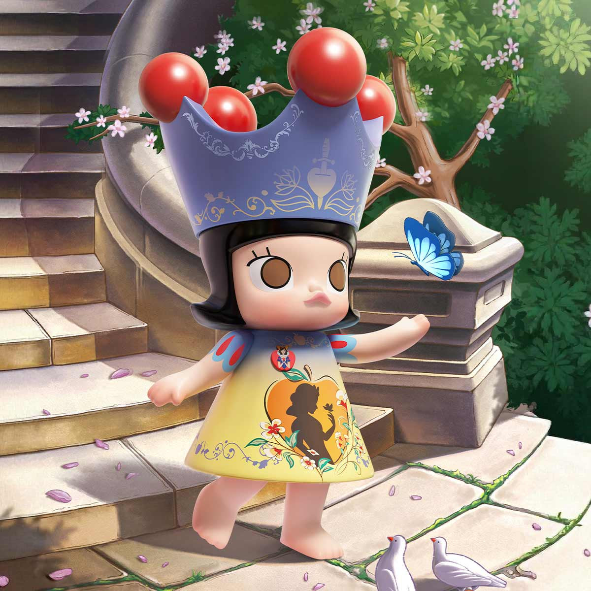 MEGA ROYAL MOLLY 400% Snow White collector display scene; illustrated birds, butterfly and scenery are not included