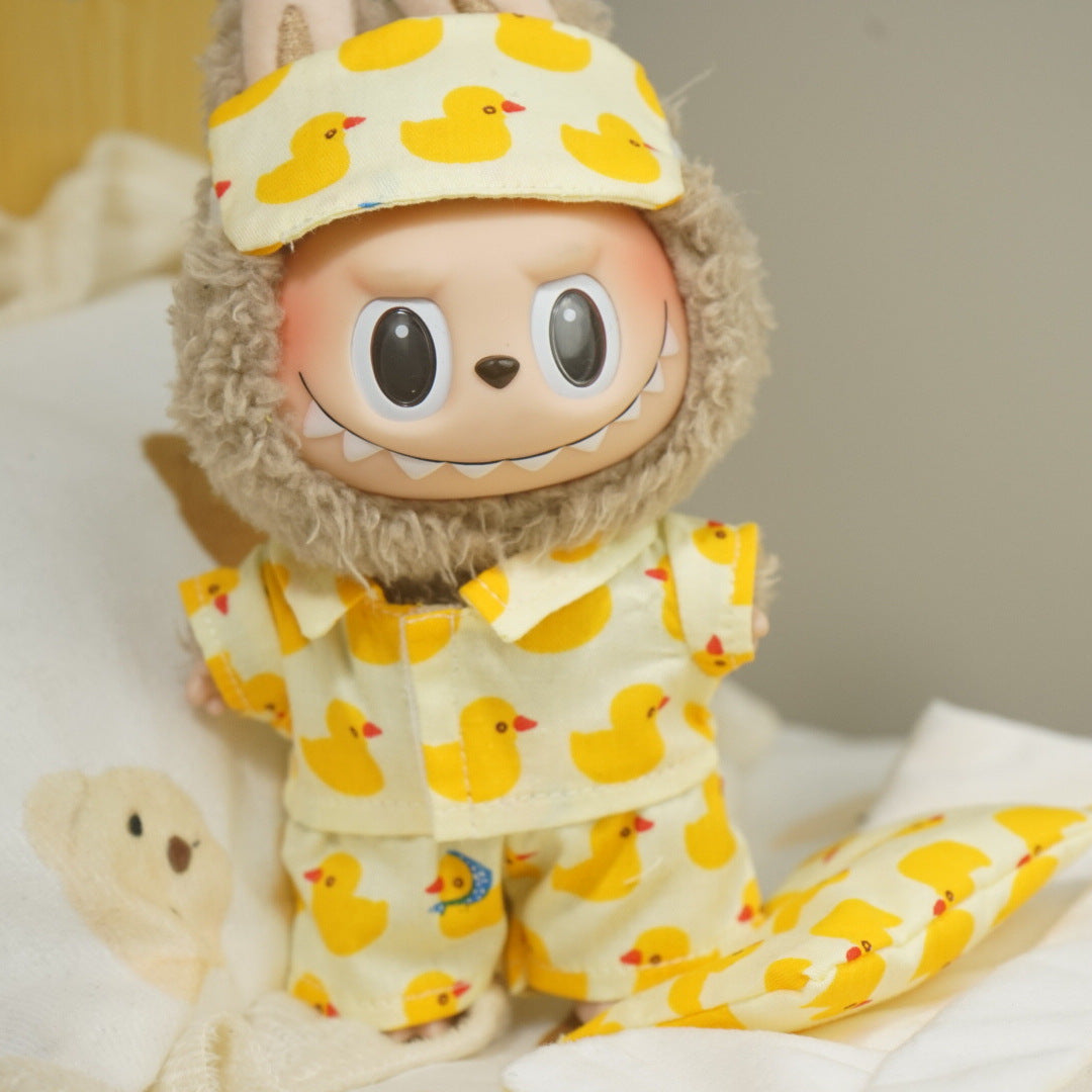 Rubber Duckling Pajama Set for Labubu 17cm — 3-Piece Sleepwear with Eye Mask - front view | KikiBuddies