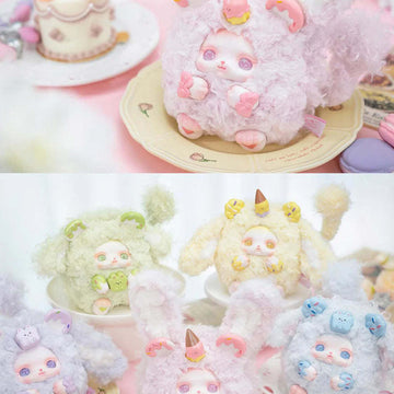 LOLOAN Dessert Series Plush Blind Box - Pink plush above several dessert design examples in a styled scene; upper ears and group lower bodies cropped; random design not guaranteed; display props not included