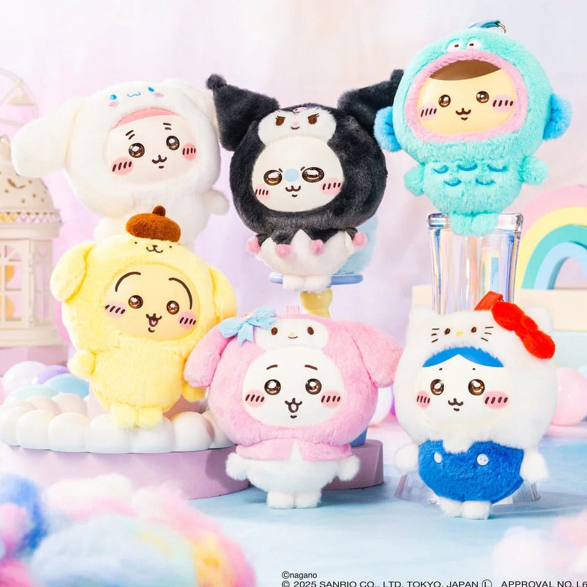 SANRI0 Characters × Chiikawa Plush Keychain - Six Sanrio-costume Chiikawa designs; selected option controls delivery; quantity follows selected option