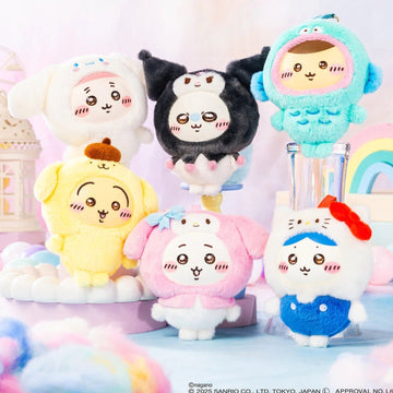 SANRI0 Characters × Chiikawa Plush Keychain - Six Sanrio-costume Chiikawa designs; selected option controls delivery; quantity follows selected option
