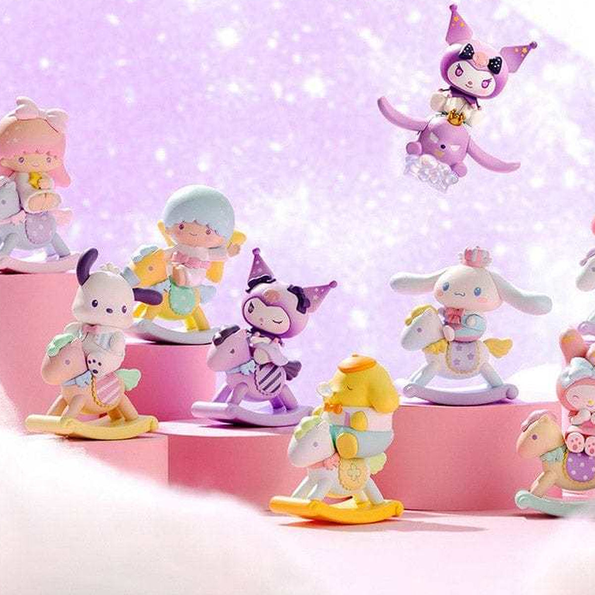 SANRI0 Characters Childlike Heart Rocking Horse Series Figures, Blind Box - Series overview with complete central rocking horse figure examples; random design not guaranteed
