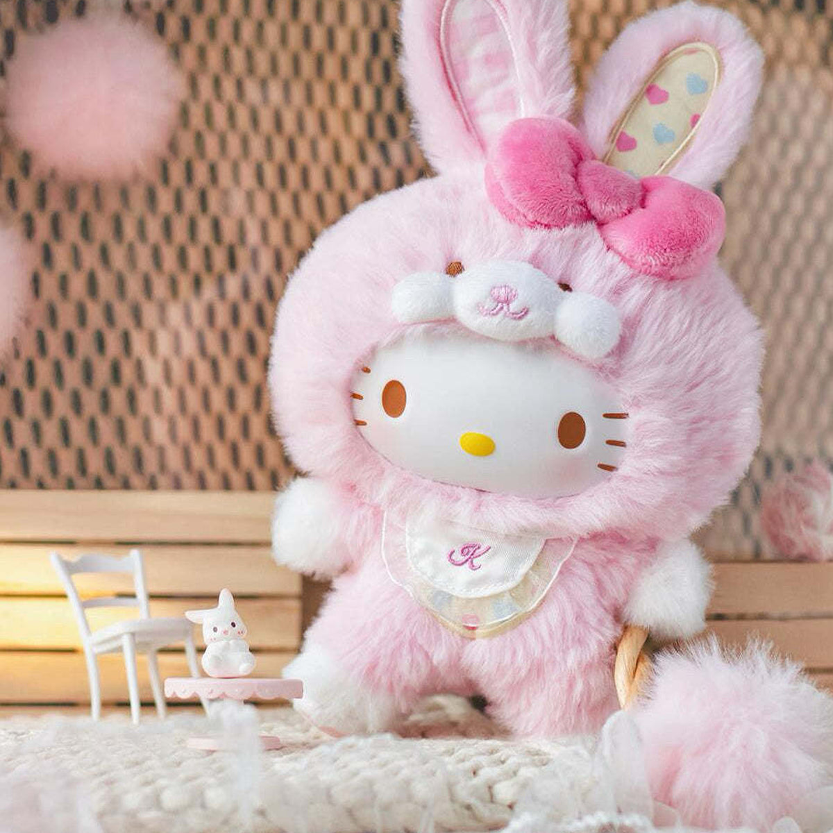 SANRI0 Characters Elf Bunny Baby Series Plush Dolls, Blind Box - Pink plush character with bow and rabbit styling; upper rabbit ear cropped; random design not guaranteed; display props not included