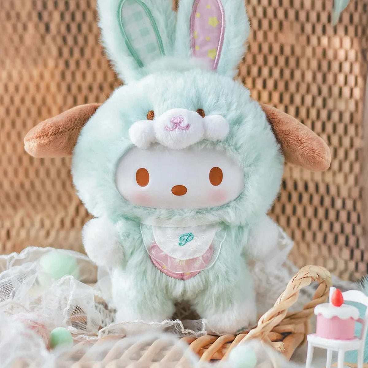SANRI0 Characters Elf Bunny Baby Series Plush Dolls, Blind Box - Mint plush character with brown side ears and rabbit styling; upper rabbit ears cropped; random design not guaranteed; display props not included