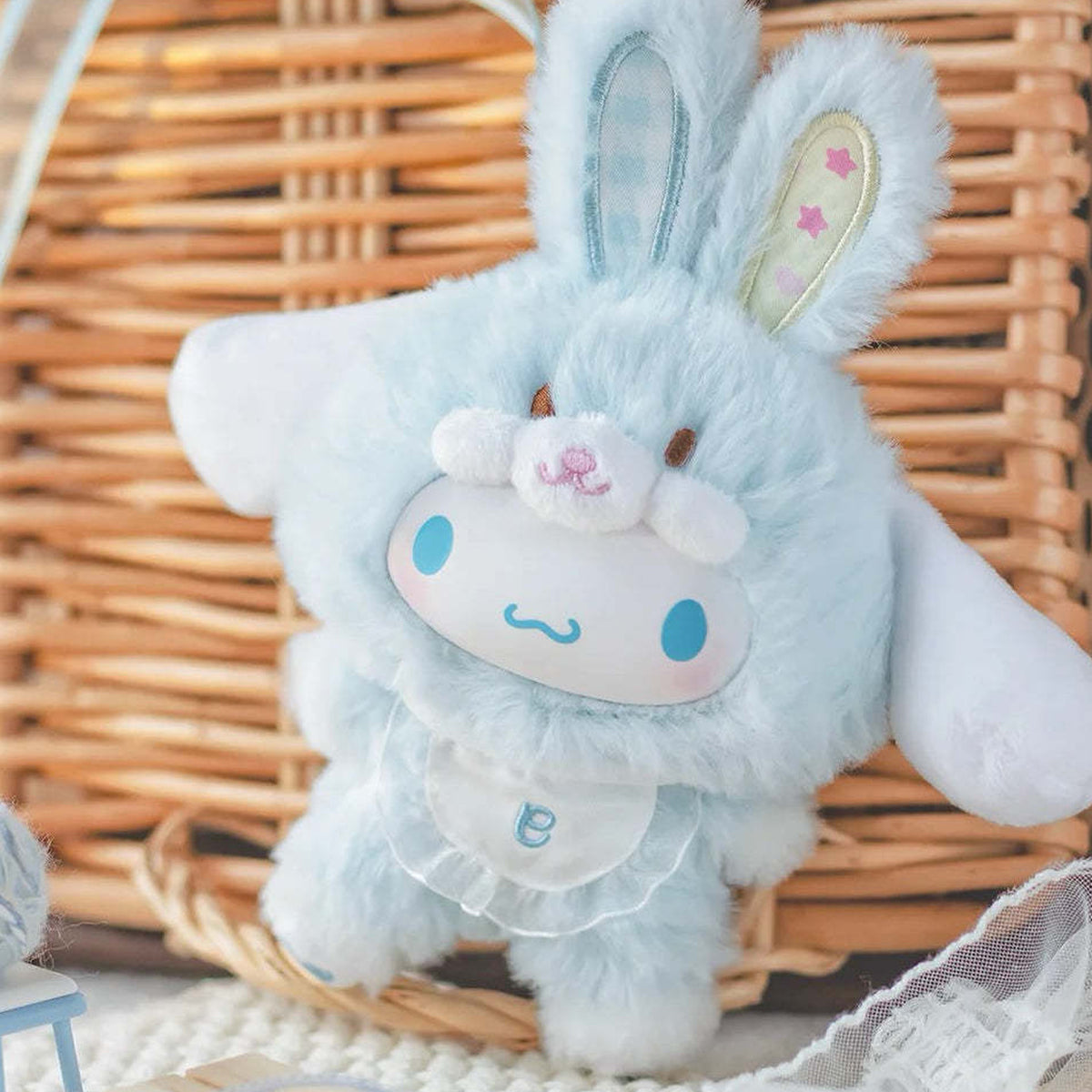 SANRI0 Characters Elf Bunny Baby Series Plush Dolls, Blind Box - Light blue plush character with long side ears and rabbit styling; upper rabbit ear cropped; random design not guaranteed; display props not included