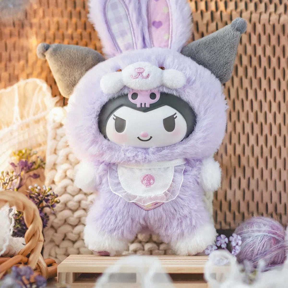 SANRI0 Characters Elf Bunny Baby Series Plush Dolls, Blind Box - Purple plush character with dark pointed side ears and rabbit styling; upper rabbit ears cropped; random design not guaranteed; display props not included