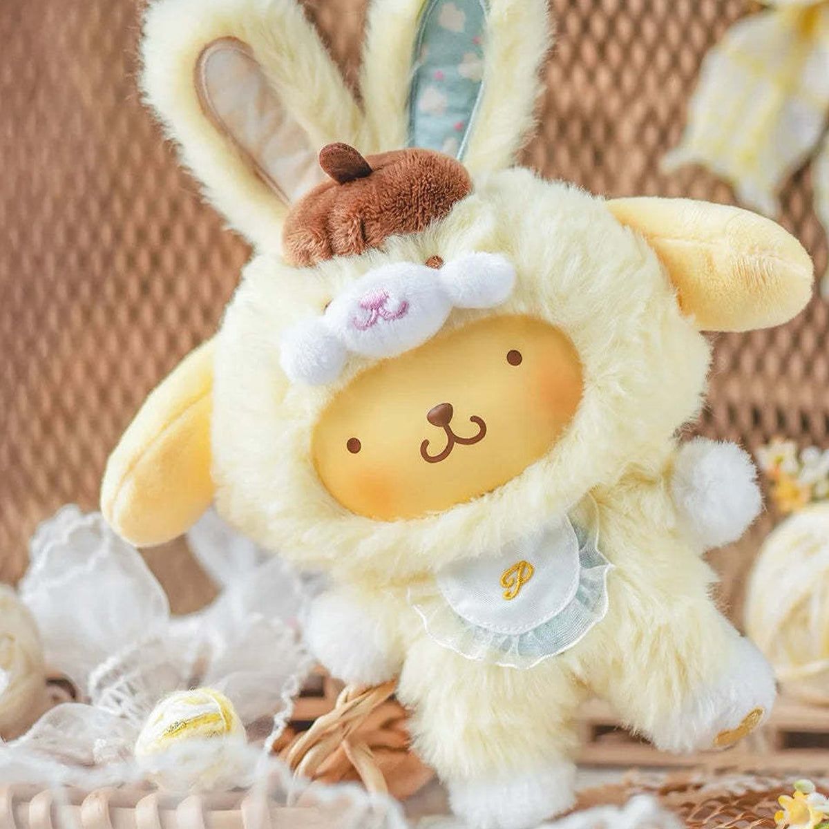 SANRI0 Characters Elf Bunny Baby Series Plush Dolls, Blind Box - Yellow plush character with brown beret and rabbit styling; upper rabbit ears cropped; random design not guaranteed; display props not included