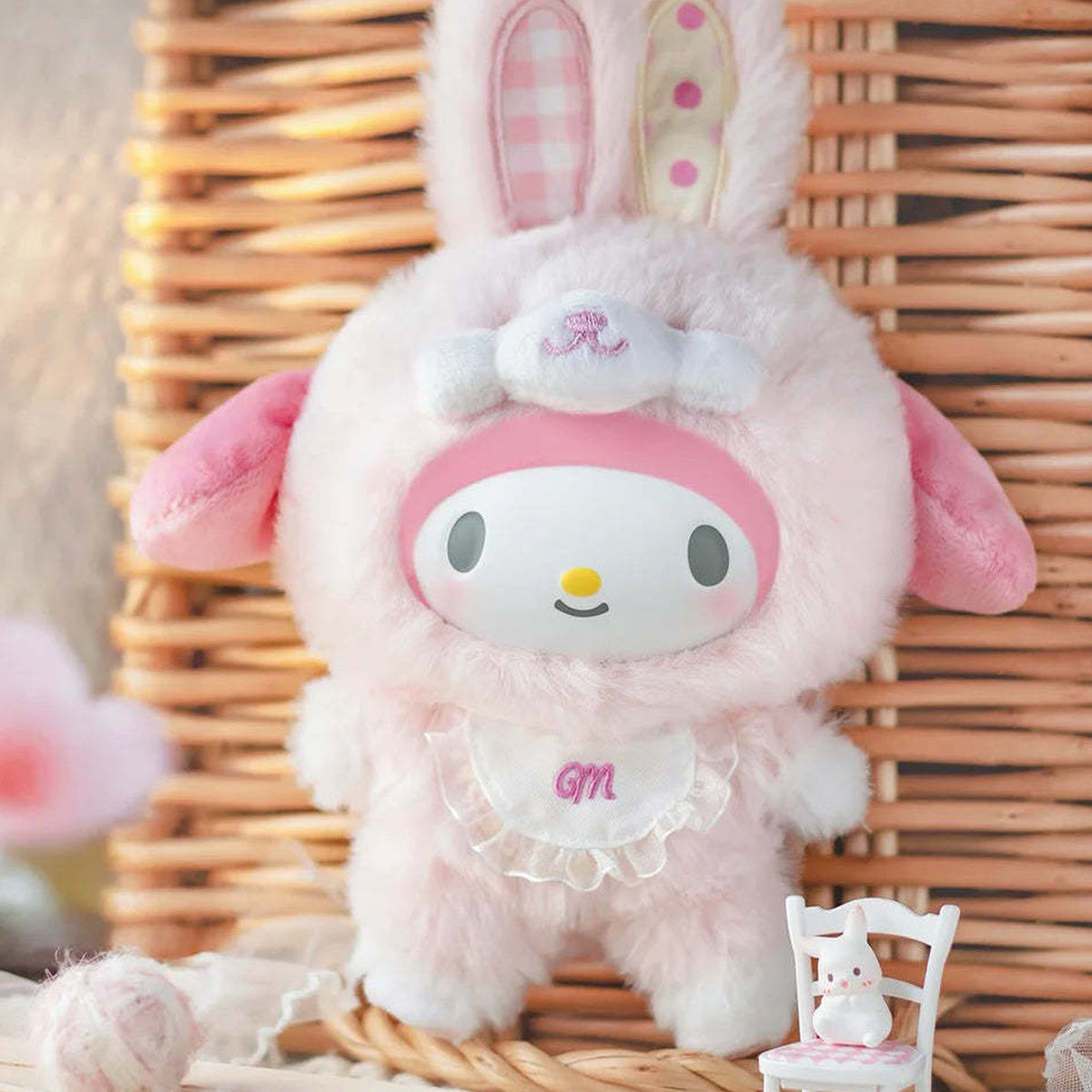 SANRI0 Characters Elf Bunny Baby Series Plush Dolls, Blind Box - Pink plush character with drooping side ears and rabbit styling; upper rabbit ears cropped; random design not guaranteed; display props not included