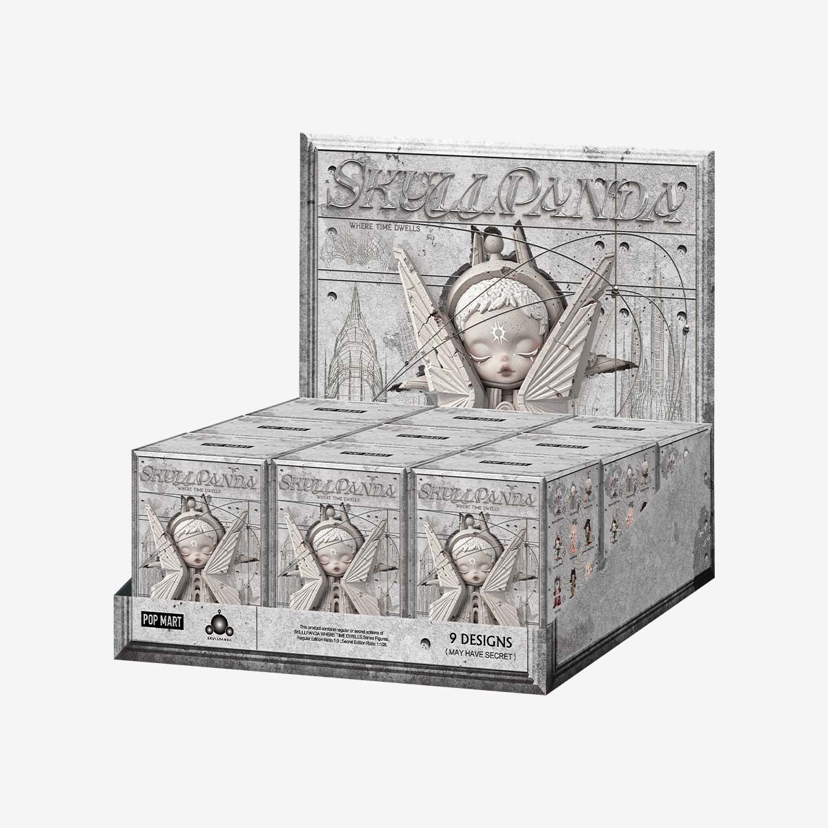 SKULLPANDA WHERE TIME DWELLS nine-box display-case packaging reference; nine random blind boxes, designs and secret not guaranteed