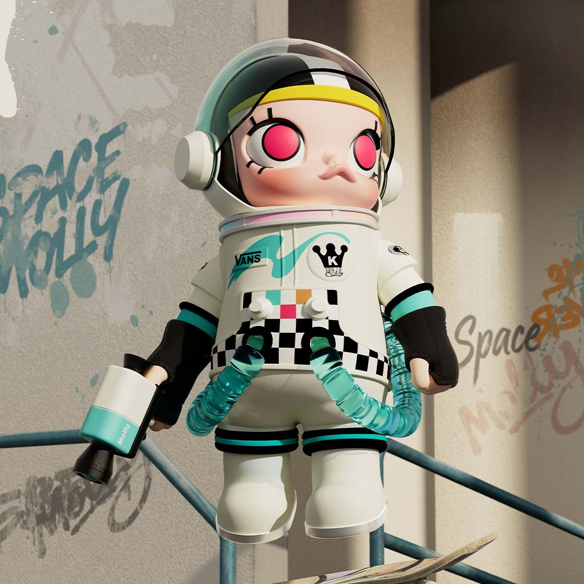 MEGA SPACE MOLLY 400% Vans collector display scene; skateboard and street scenery are not included