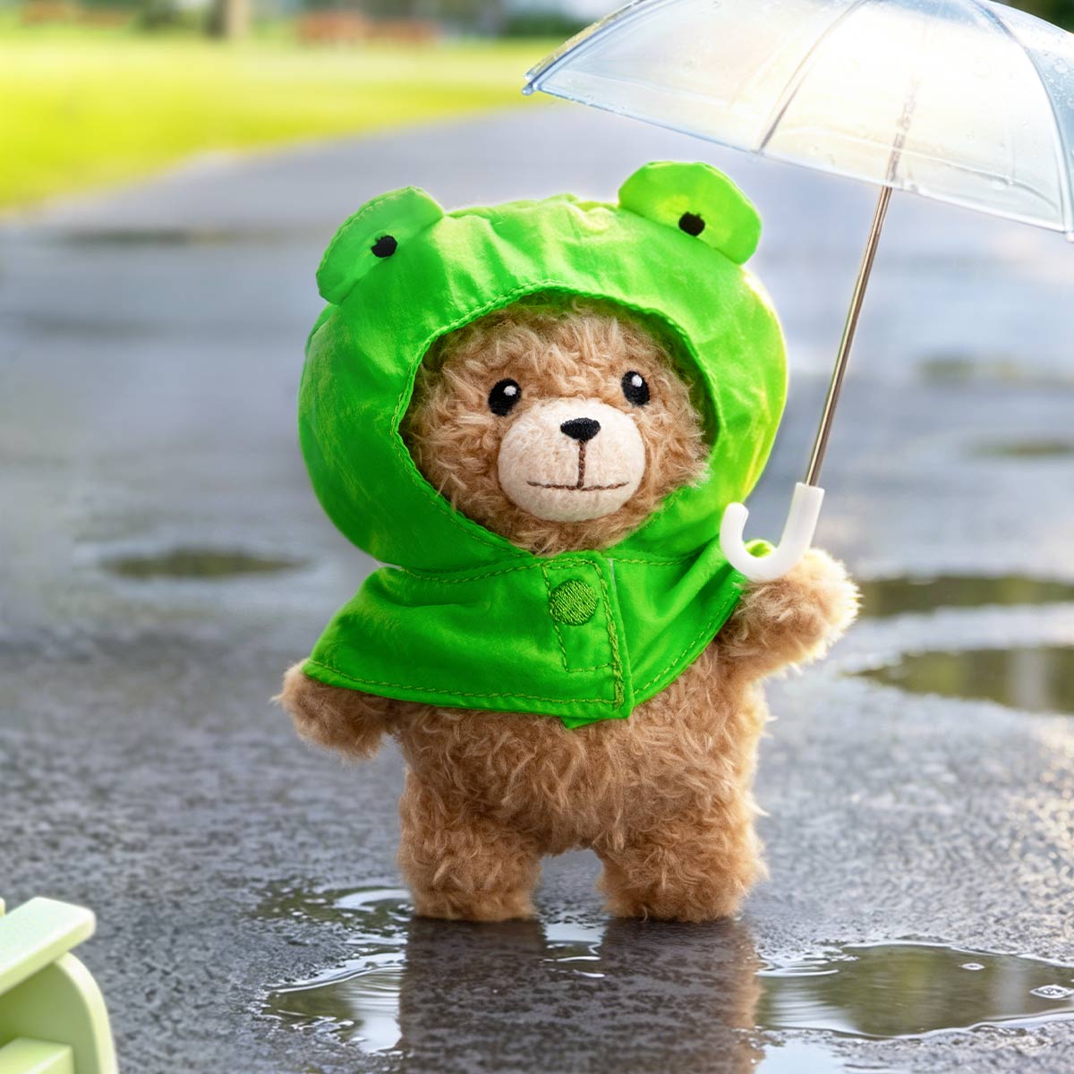 Baby Ted Frog Ted confirmed plush pendant shown in its original styled scene; display props are not promised