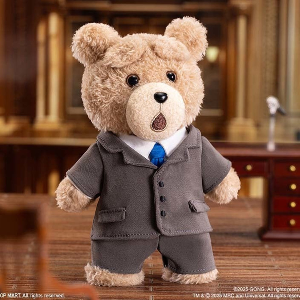 Ted2 Bear plush pendant blind-box series: Suit Bear secret design in a styled scene; secret is not guaranteed