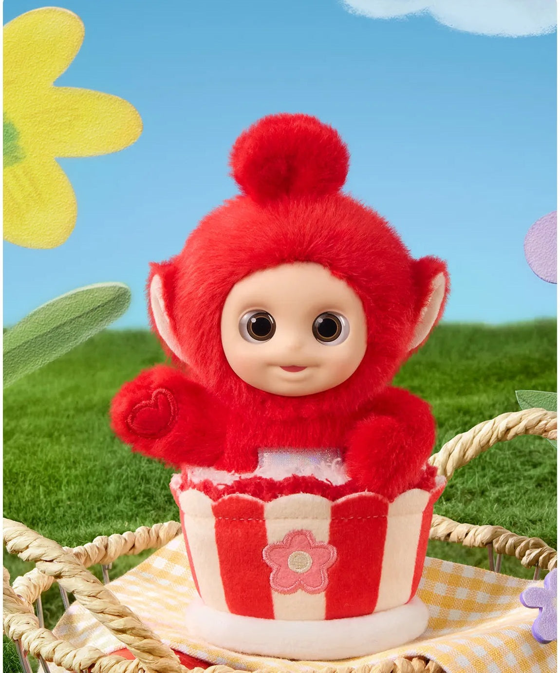 Teletubbies Afternoon Tea Diary vinyl plush pendant blind-box series: Po Red Velvet Cake pendant in a styled scene; possible random design