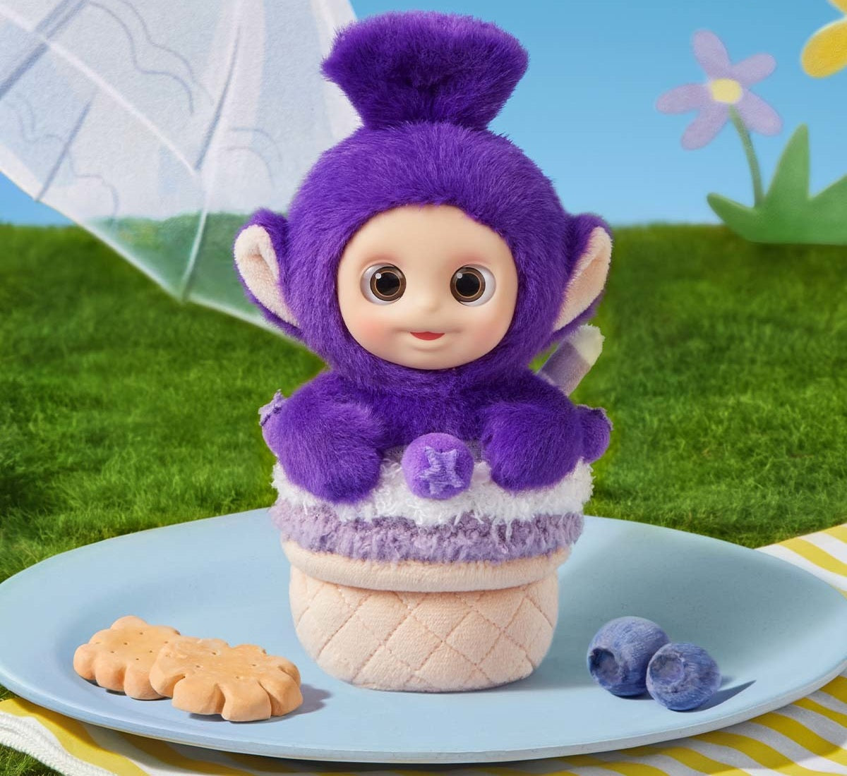 Teletubbies Afternoon Tea Diary vinyl plush pendant blind-box series: Tinky Winky Blueberry Ice Cream pendant in a styled scene; possible random design