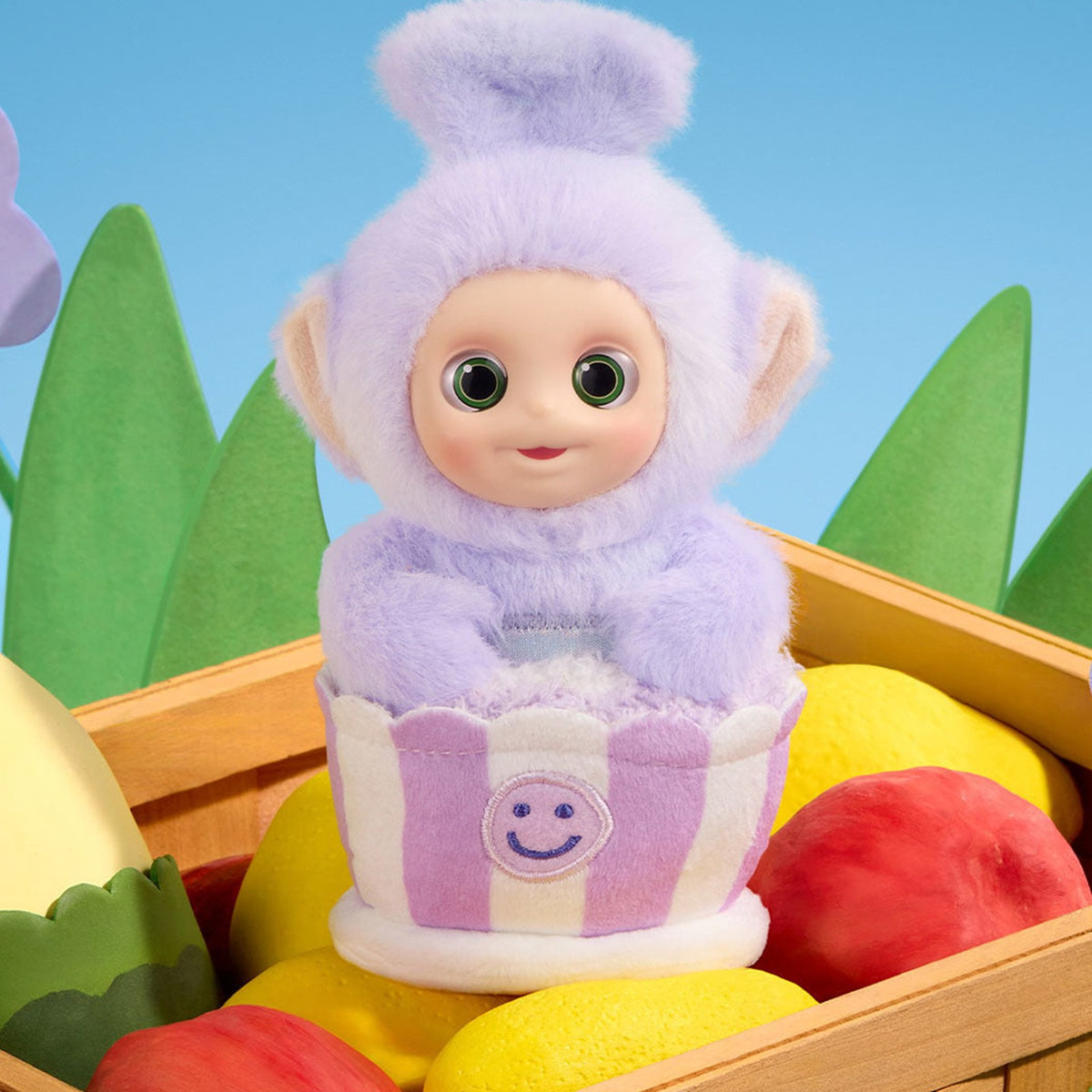 Teletubbies Afternoon Tea Diary vinyl plush pendant blind-box series: Tinky Winky Taro Cake pendant in a styled scene; possible random design