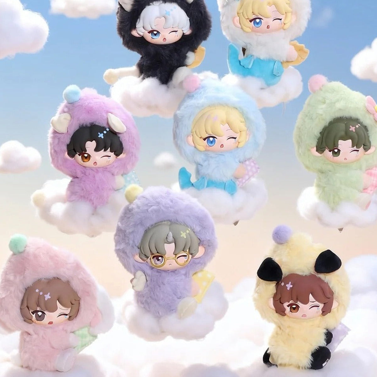 The Falling Merman Sweet Dream Moment Series Plush Blind Box - Series comparison with complete central plush dolls and cropped upper examples; random design not guaranteed