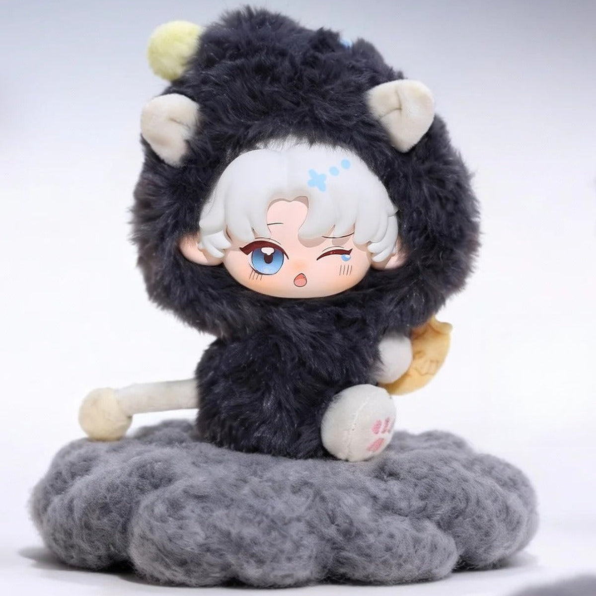 The Falling Merman Sweet Dream Moment Series Plush Blind Box - Complete dark costume plush doll example seated on cloud display; random design not guaranteed