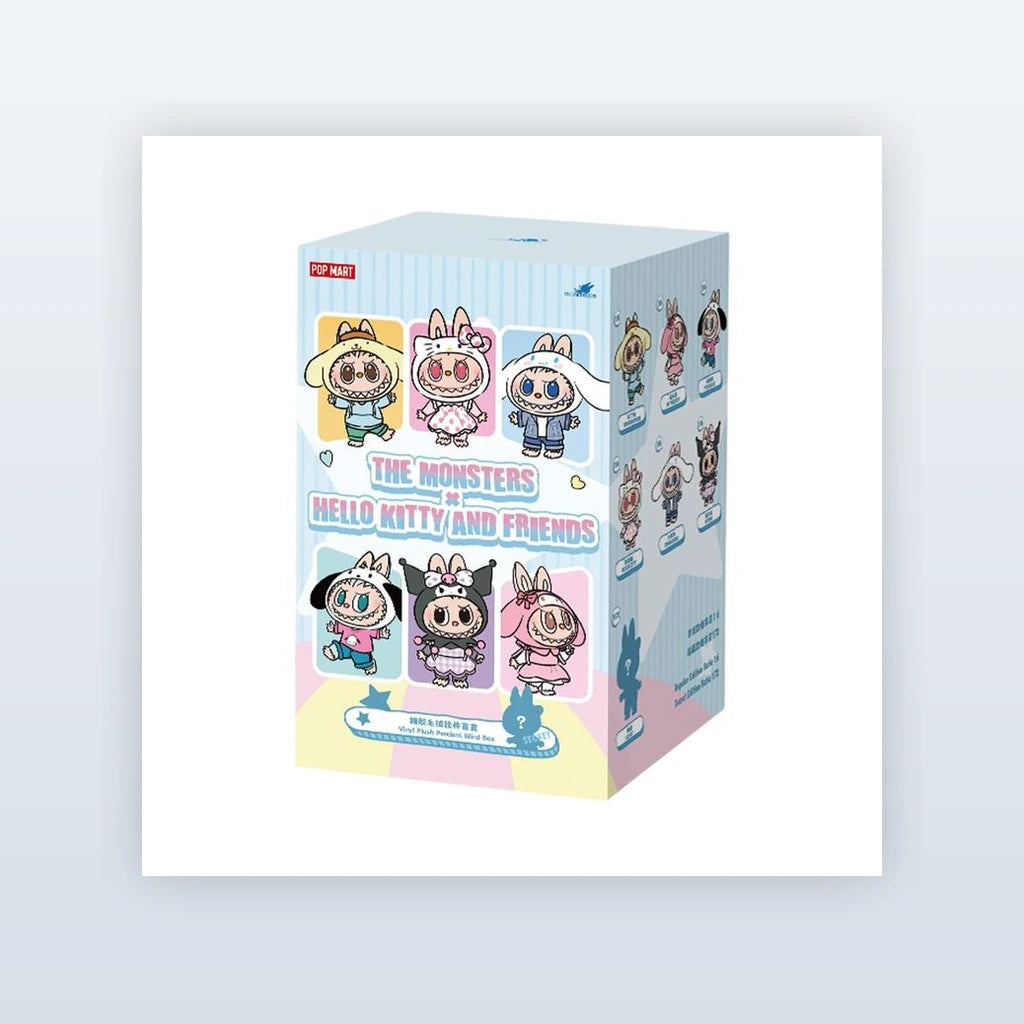 THE MONSTERS Labubu × Hello Kitty and Friends Series — Vinyl Plush Pendant blind box packaging for one random design