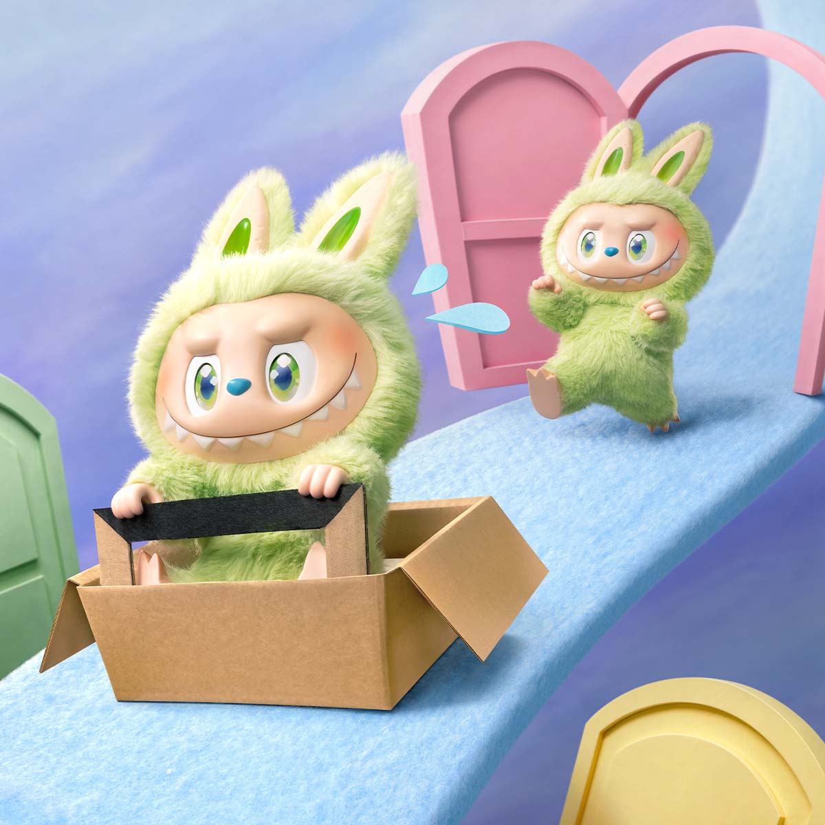 DANCE WITH WIND vinyl doll shown in two poses beside a cardboard scene prop; not retail packaging or a two-doll set