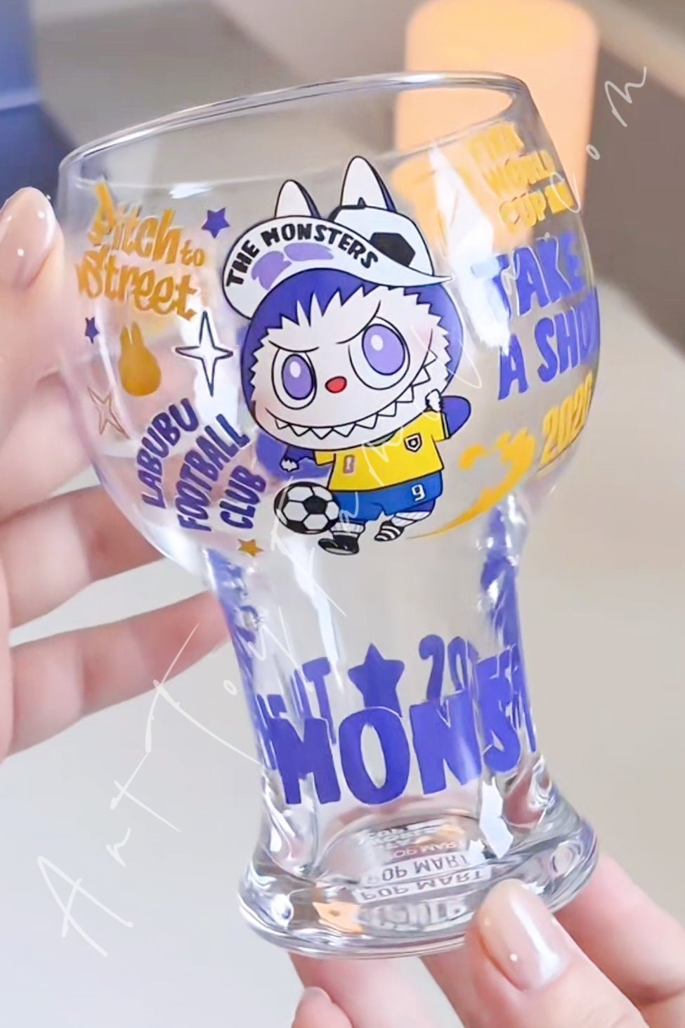 THE MONSTERS Labubu x FIFA Series Glass Cup - front view | KikiBuddies