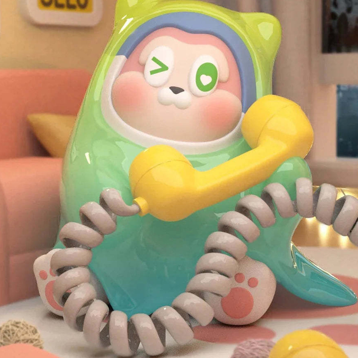 THE SLLO Cat Hide And Seek Series Blind Box - Green telephone-themed figure detail with upper hood cropped; random design not guaranteed