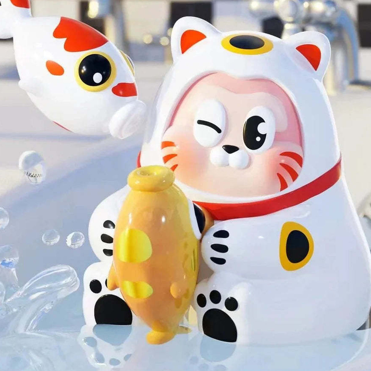 THE SLLO Cat Manekineko Series Blind Box - Cat complete figure example with fish; random design not guaranteed