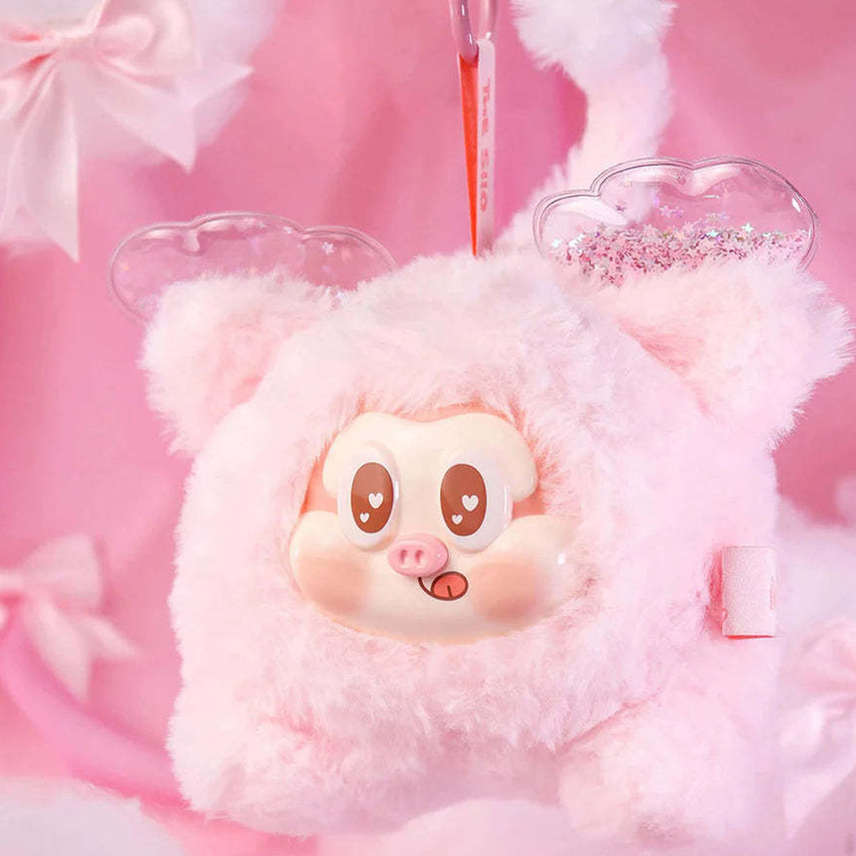 THE SLLO Flying Pig Series Plush Dolls, Blind Box - Pink plush pendant example with upper hanging ring cropped; random design not guaranteed