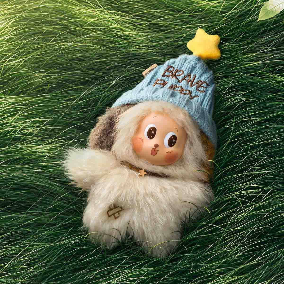 TWINKLE TWINKLE Farm Tales Faithful Puppy vinyl plush pendant in a farmyard display scene; scenery props are not included