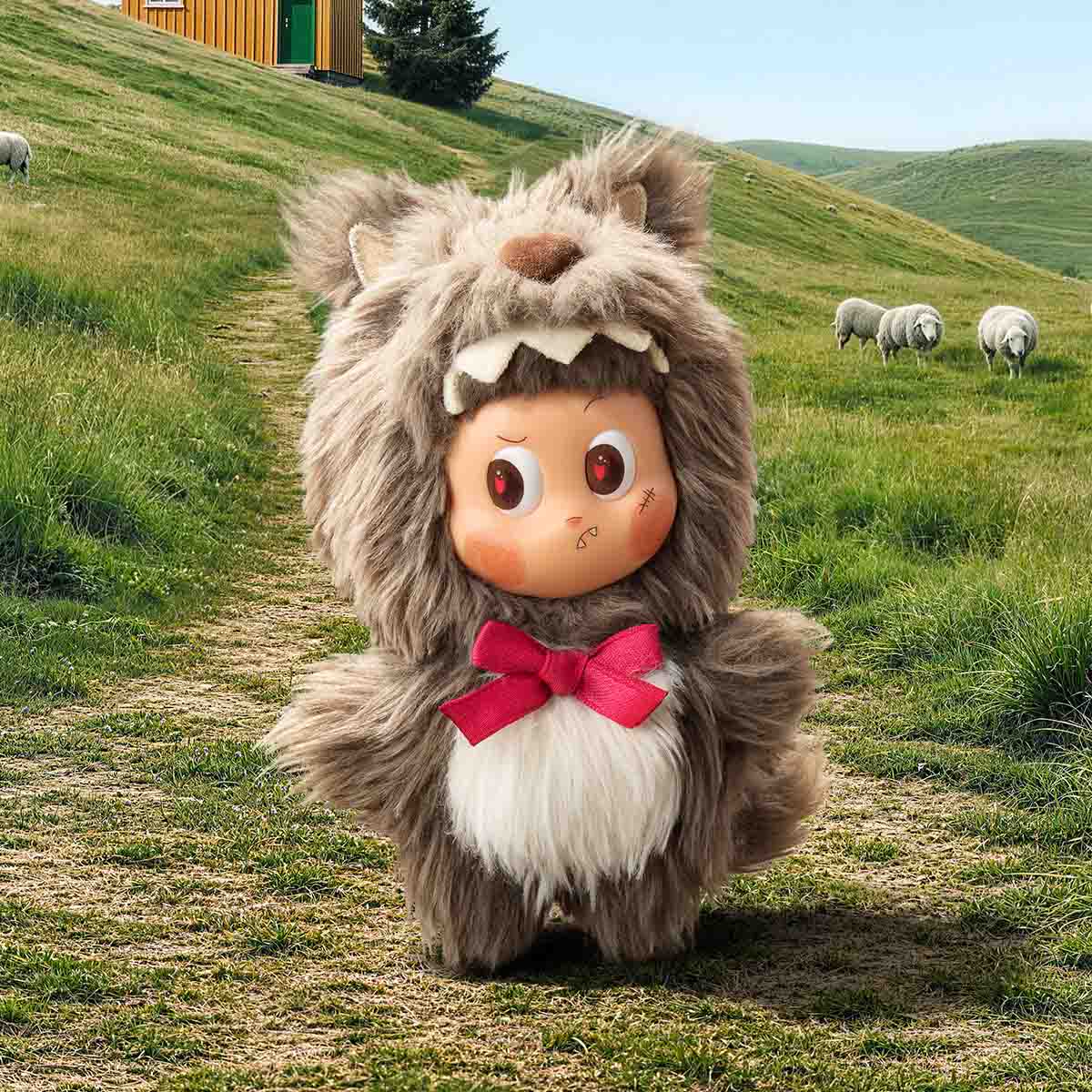 TWINKLE TWINKLE Farm Tales Loyal Wolfy vinyl plush pendant in a farmyard display scene; scenery props are not included