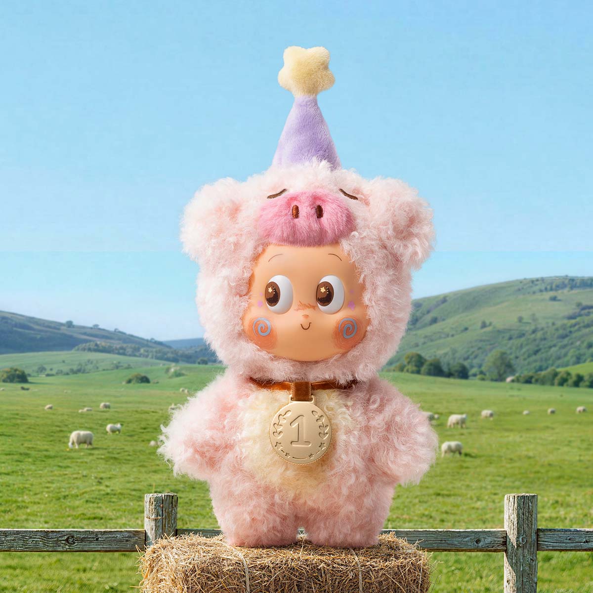 TWINKLE TWINKLE Farm Tales Pure Pigling vinyl plush pendant in a farmyard display scene; scenery props are not included