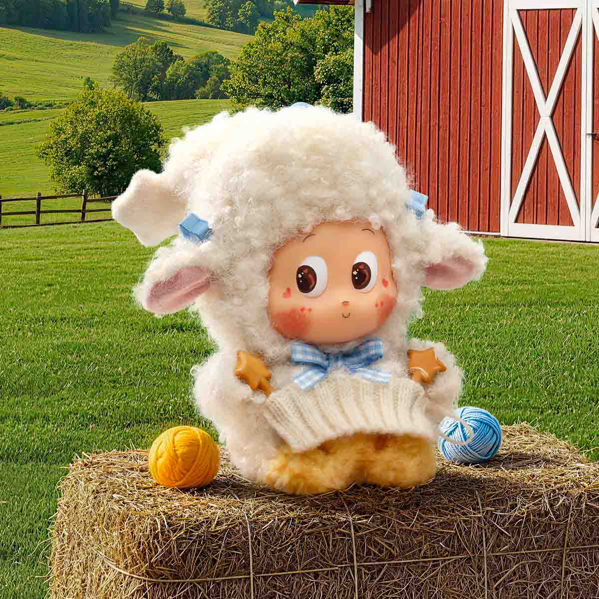 TWINKLE TWINKLE Farm Tales Warm Lamb vinyl plush pendant in a farmyard display scene; scenery props are not included