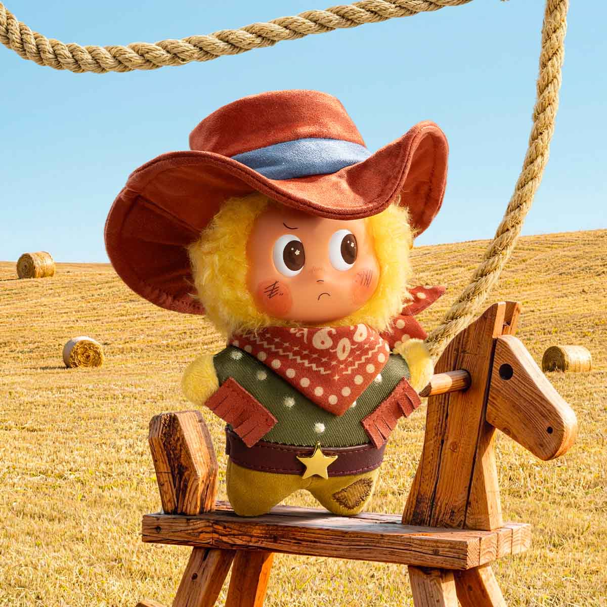 TWINKLE TWINKLE Farm Tales Wild Cowboy vinyl plush pendant in a farmyard display scene; scenery props are not included