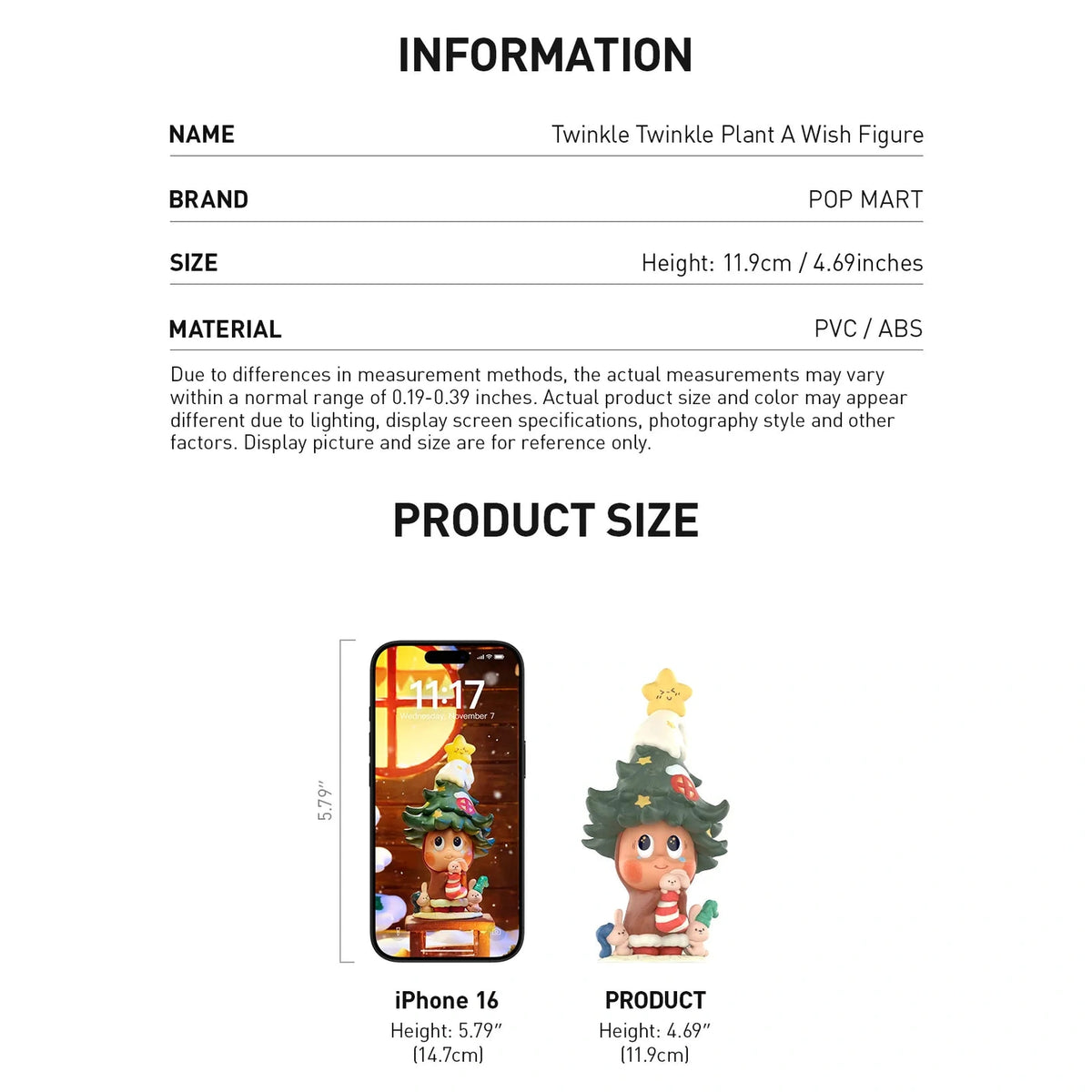 English specification and scale reference:11.9cm height, PVC/ABS