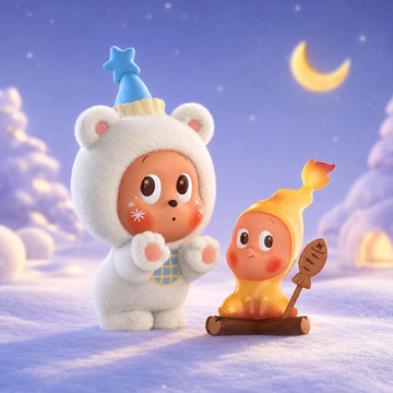 Twinkle Twinkle Warmth in a Freezing Noon bear figure and amber companion in a snowy scene