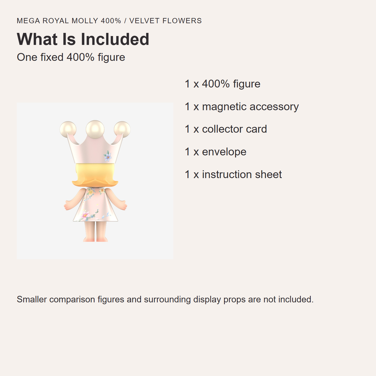 English contents:one400percent figure, magnetic accessory, collector card, envelope, instruction sheet; smaller figure not included