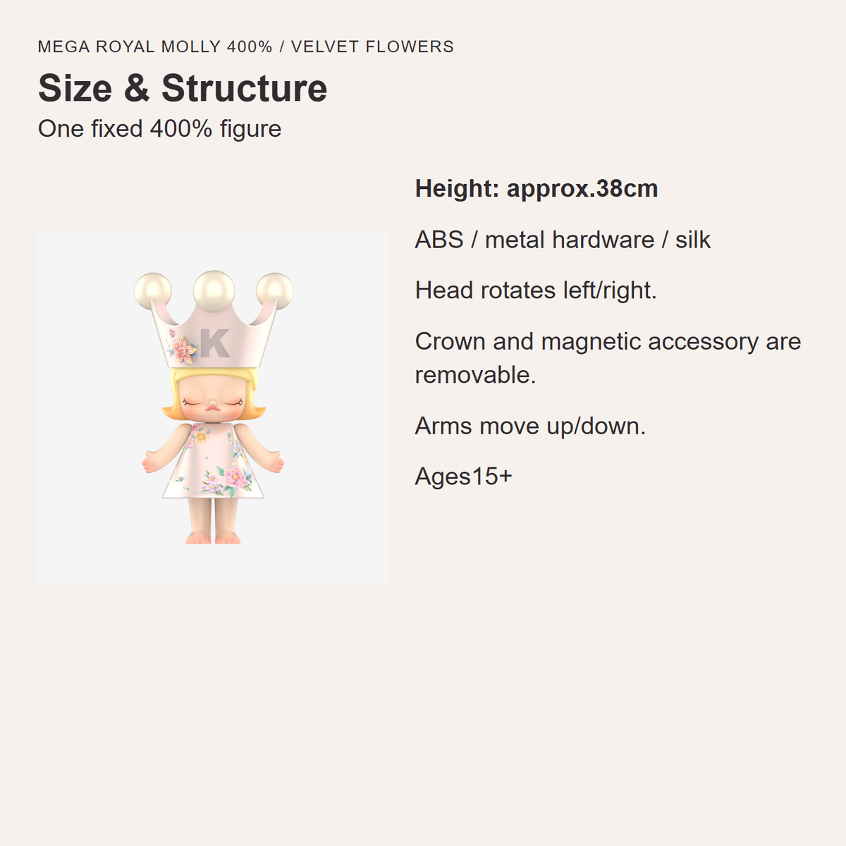 English38cm size, materials and structure; removable crown/magnetic accessory; movable head and arms; age15plus