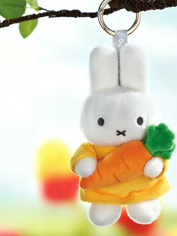 Miffy Hug carrot plush pendant hanging from its metal ring