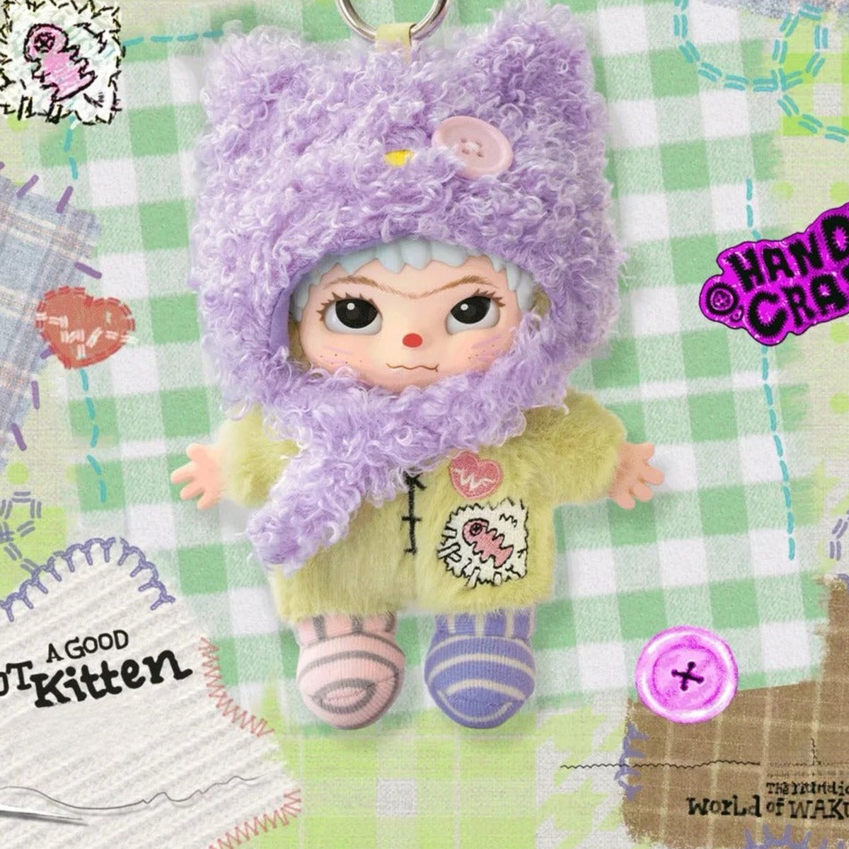 WAKUKU The Handicraft World of WAKUKU Series Plush Pendant Blind Box - Complete purple kitten-costumed plush pendant example; upper keyring cropped; random design not guaranteed