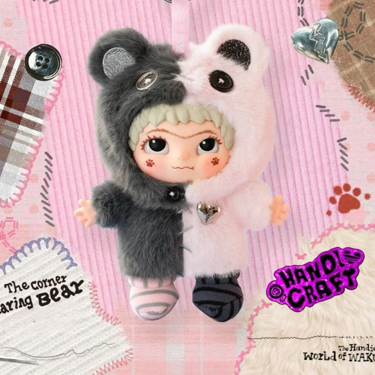 WAKUKU The Handicraft World of WAKUKU Series Plush Pendant Blind Box - Complete two-tone bear-costumed plush pendant example; random design not guaranteed
