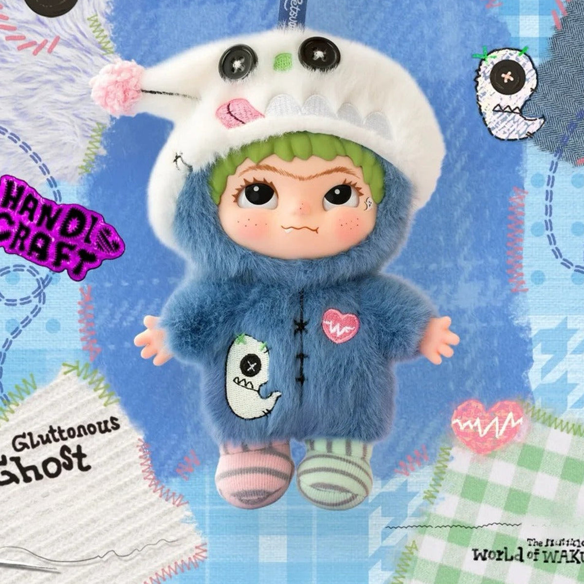 WAKUKU The Handicraft World of WAKUKU Series Plush Pendant Blind Box - Complete blue ghost-costumed plush pendant example; random design not guaranteed