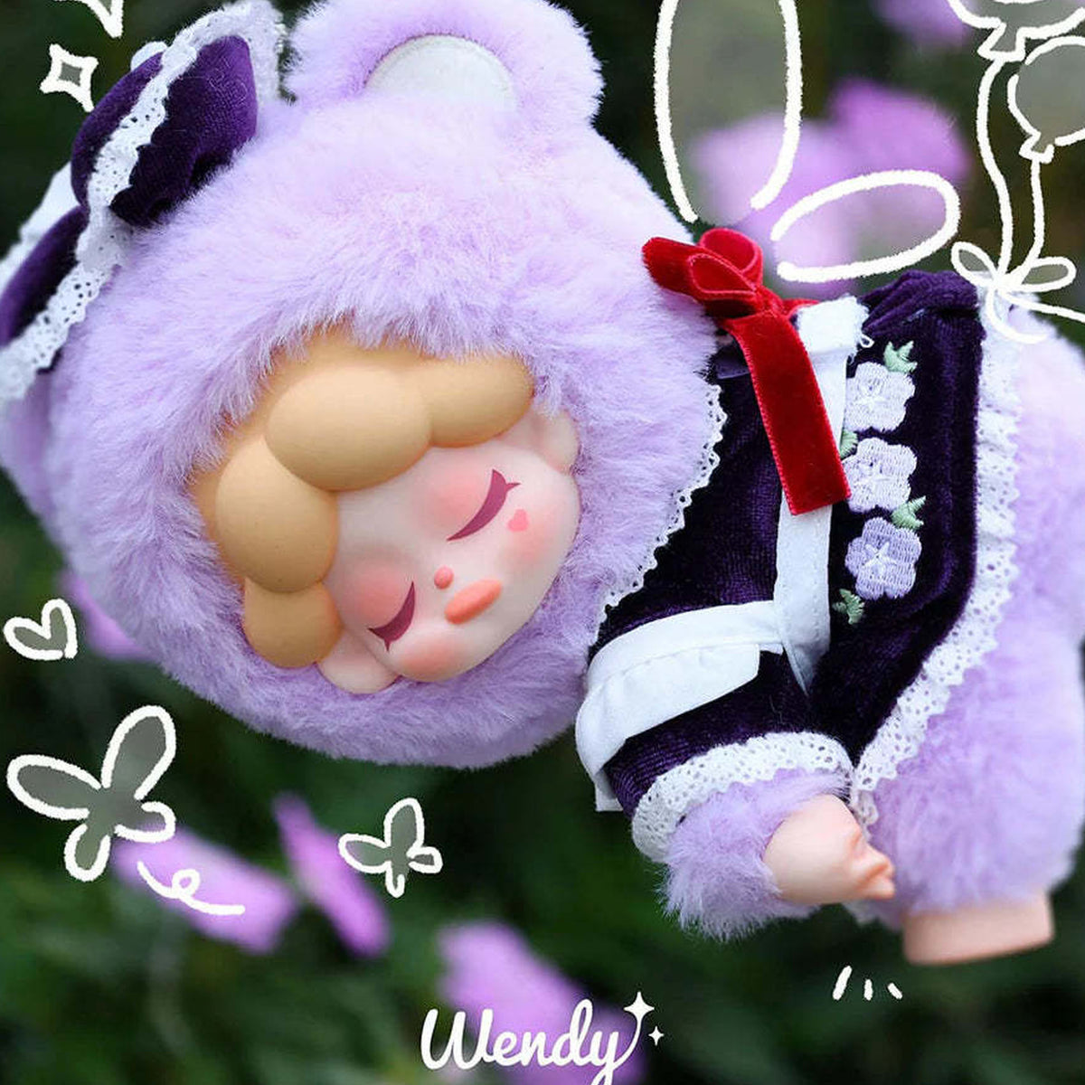 Wendy Garden Treasure Hunt Series Plush Dolls, Blind Box - Purple plush with dark outfit and red bow; upper hood and lower foot cropped; random design not guaranteed; display props not included