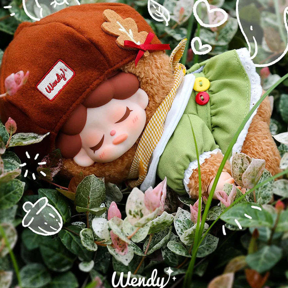 Wendy Garden Treasure Hunt Series Plush Dolls, Blind Box - Brown plush with beret and green cape among leaves; upper hat cropped and lower body obscured; random design not guaranteed; display props not included