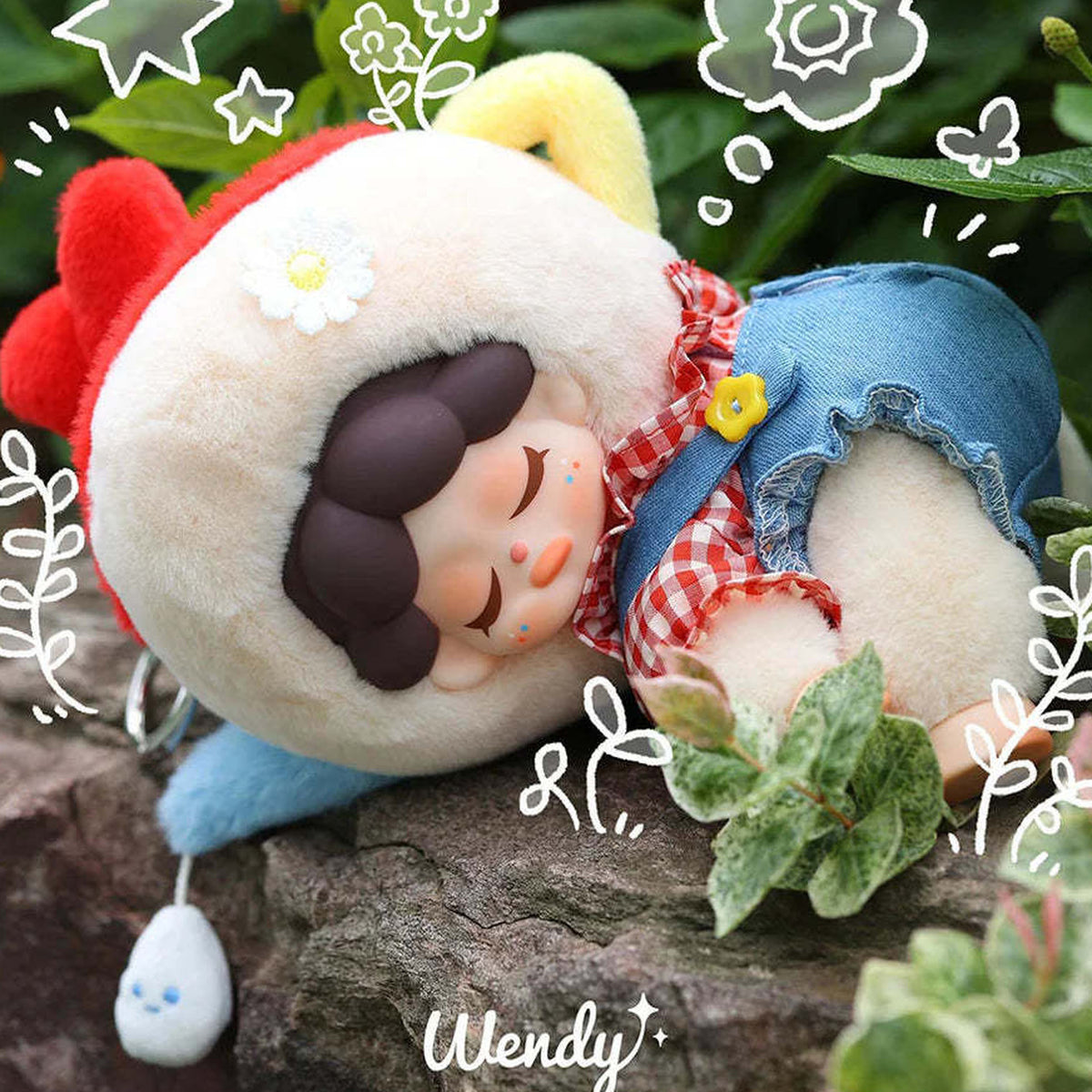Wendy Garden Treasure Hunt Series Plush Dolls, Blind Box - White animal hood with red and yellow ears and checked outfit; upper ears cropped; random design not guaranteed; display props not included