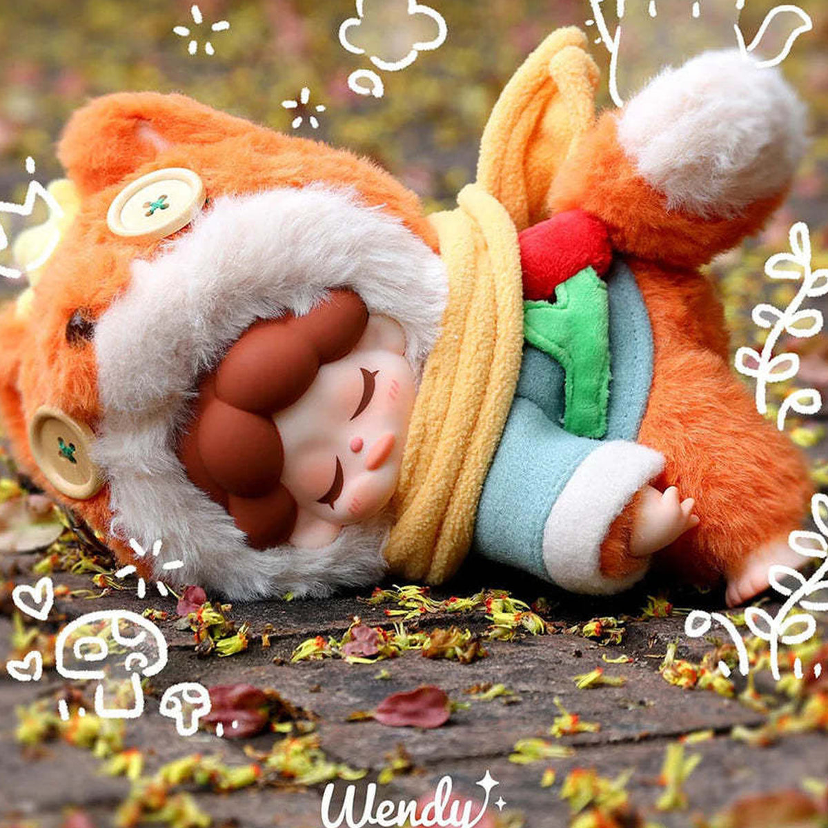 Wendy Garden Treasure Hunt Series Plush Dolls, Blind Box - Orange plush with animal hood and green accessory; upper headwear cropped; random design not guaranteed; display props not included