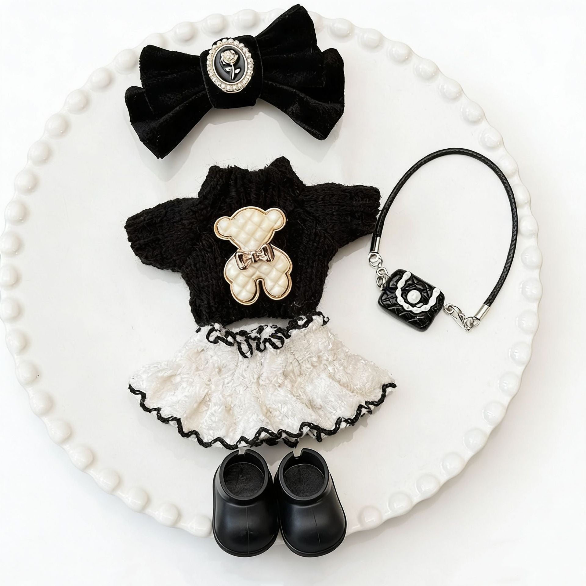 White Knit Bow 5-Piece Outfit Set for Crybaby 17cm - Black skirt & White blouse doll outfit detail view 6 | KikiBuddies