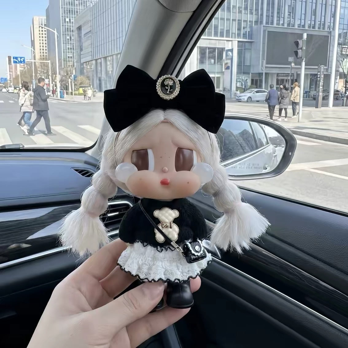 White Knit Bow 5-Piece Outfit Set for Crybaby 17cm - White skirt & Black blouse doll outfit lifestyle scene | KikiBuddies
